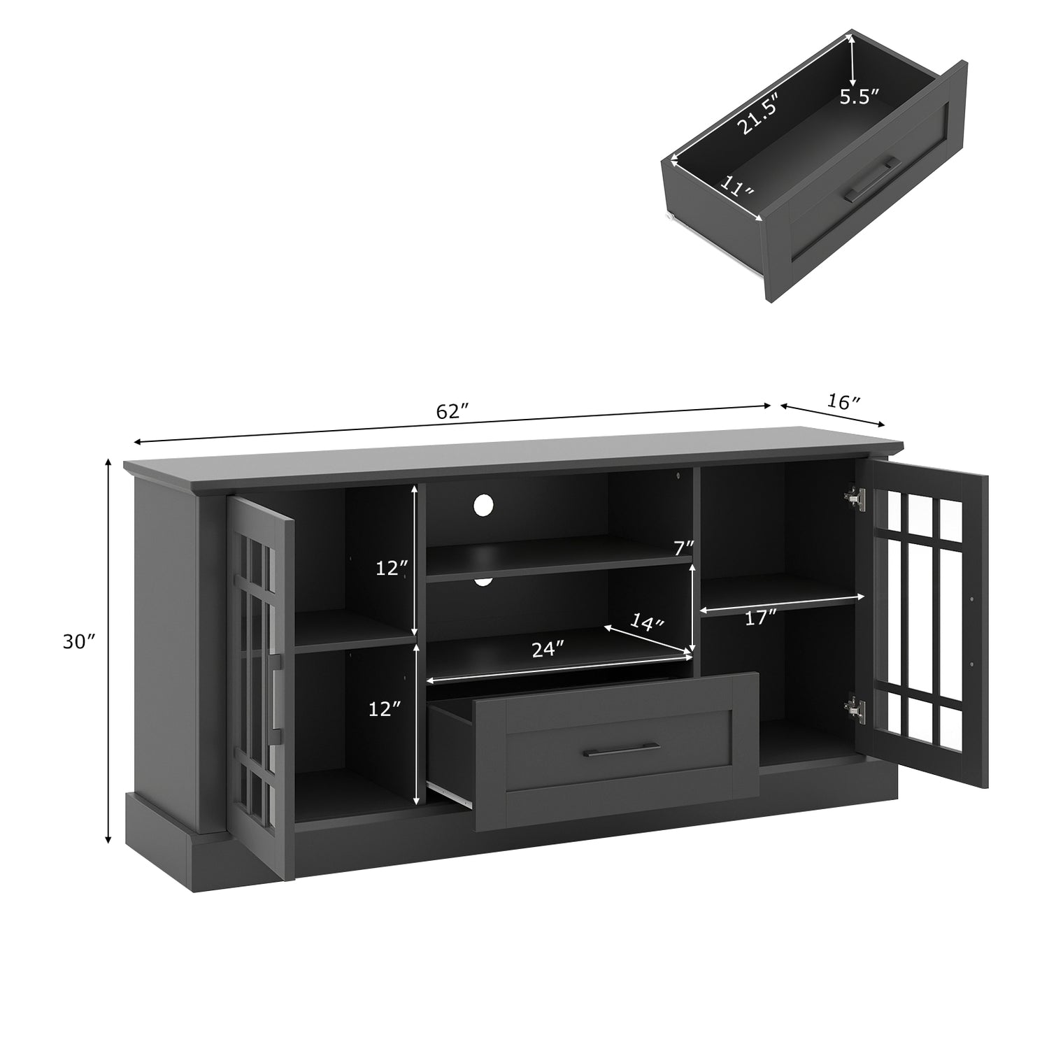 TV Stand for TVs up to 70 with Glass Doors Cubbies and Drawer