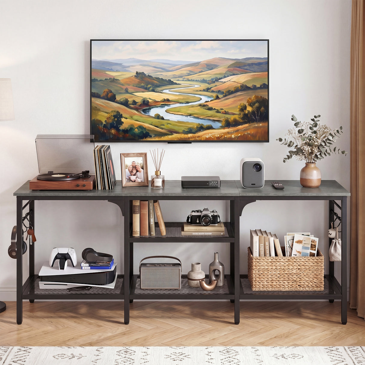 TV Stand for TVs up to 65 Inch with 3-Tier Open Shelves and 4 Hooks
