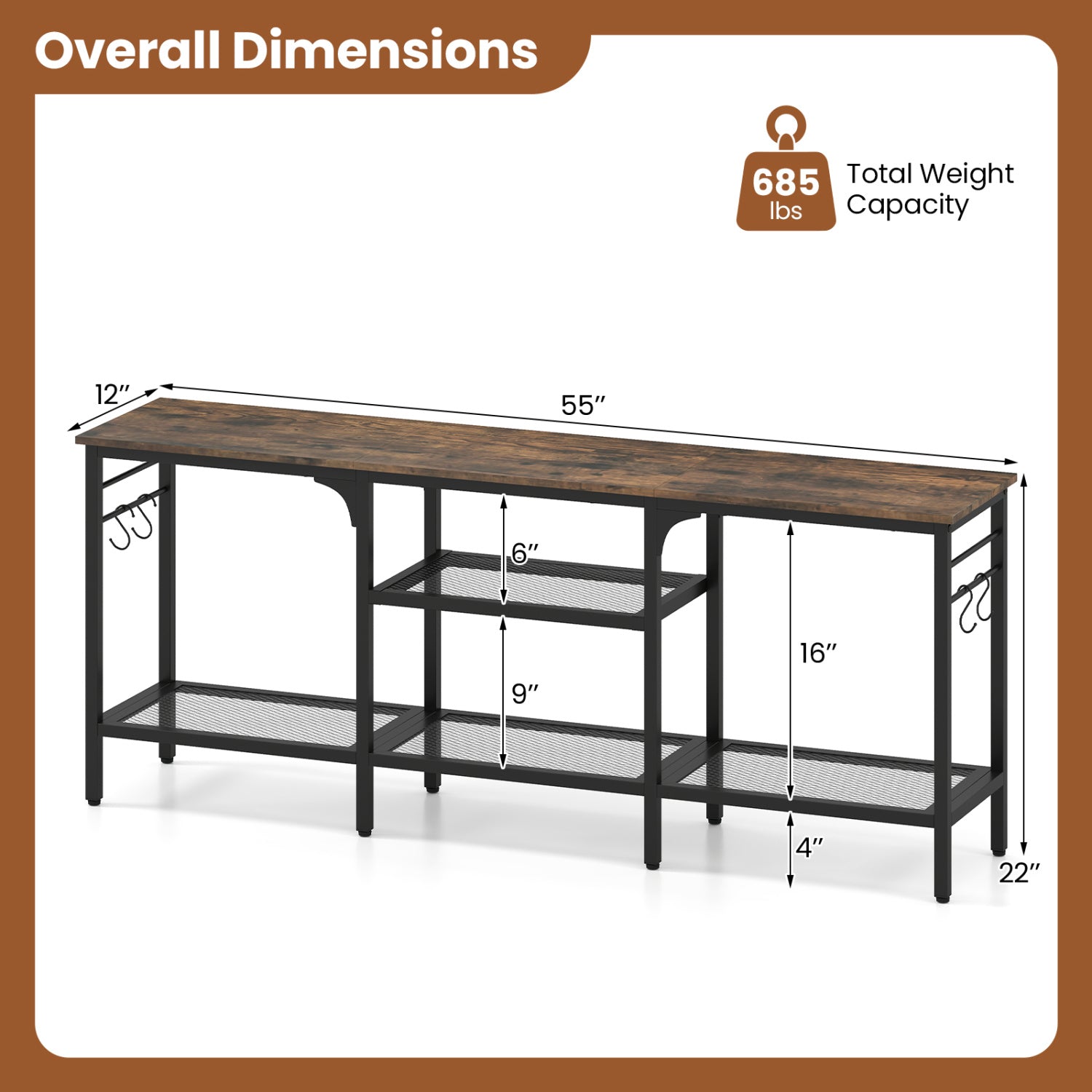 TV Stand for TVs up to 65 Inch with 3-Tier Open Shelves and 4 Hooks
