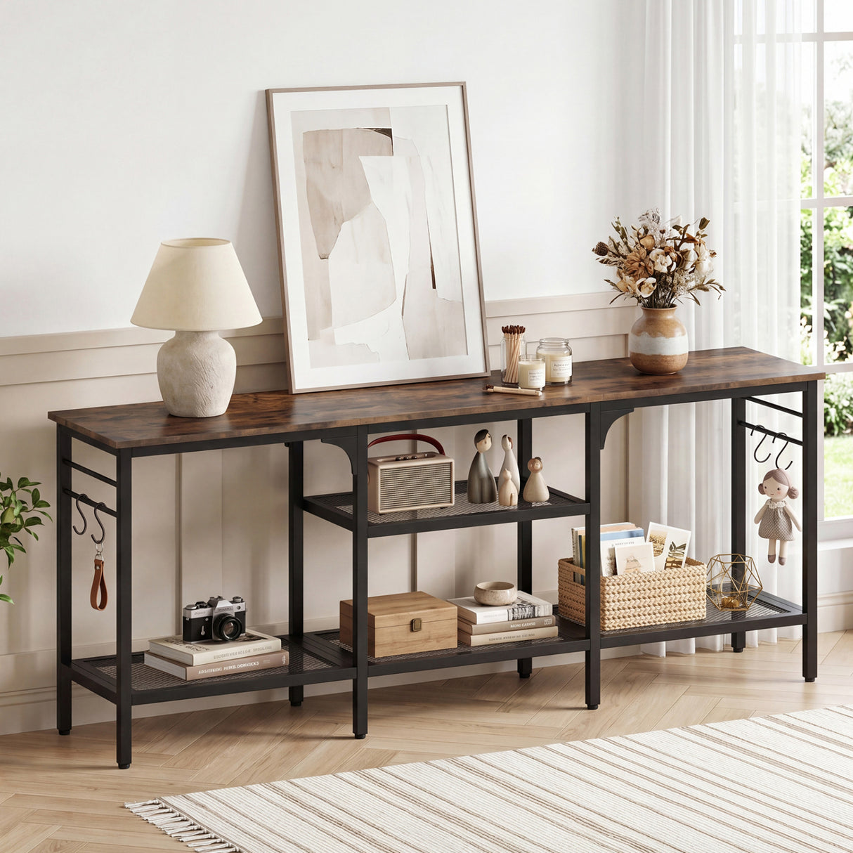 TV Stand for TVs up to 65 Inch with 3-Tier Open Shelves and 4 Hooks