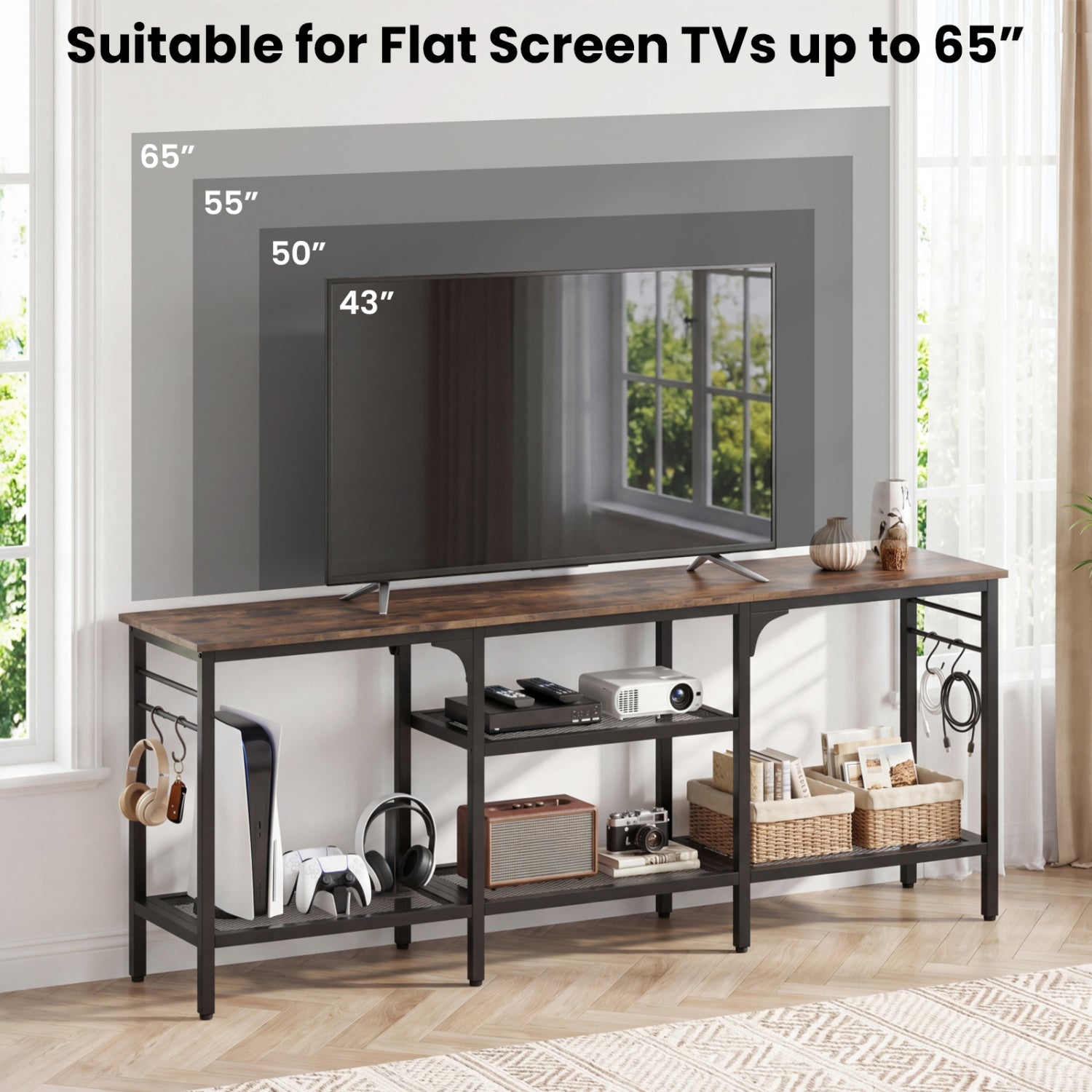 TV Stand for TVs up to 65 Inch with 3-Tier Open Shelves and 4 Hooks