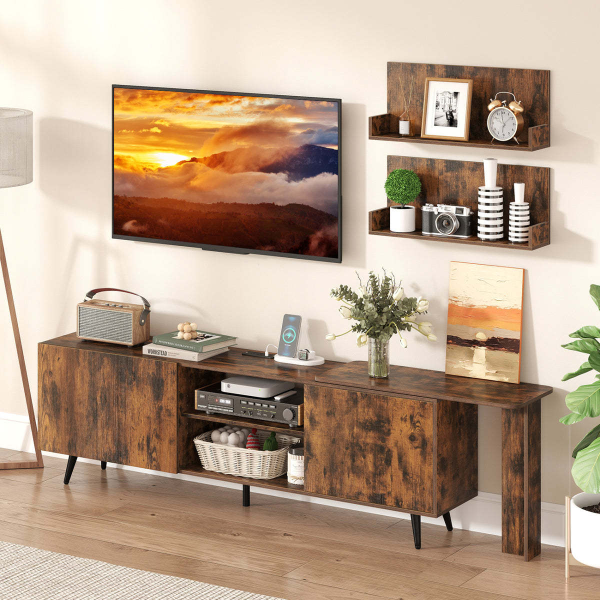 TV Stand for TVs up to 85 Inch with 2 Wall Shelves and Charging Station- Brown