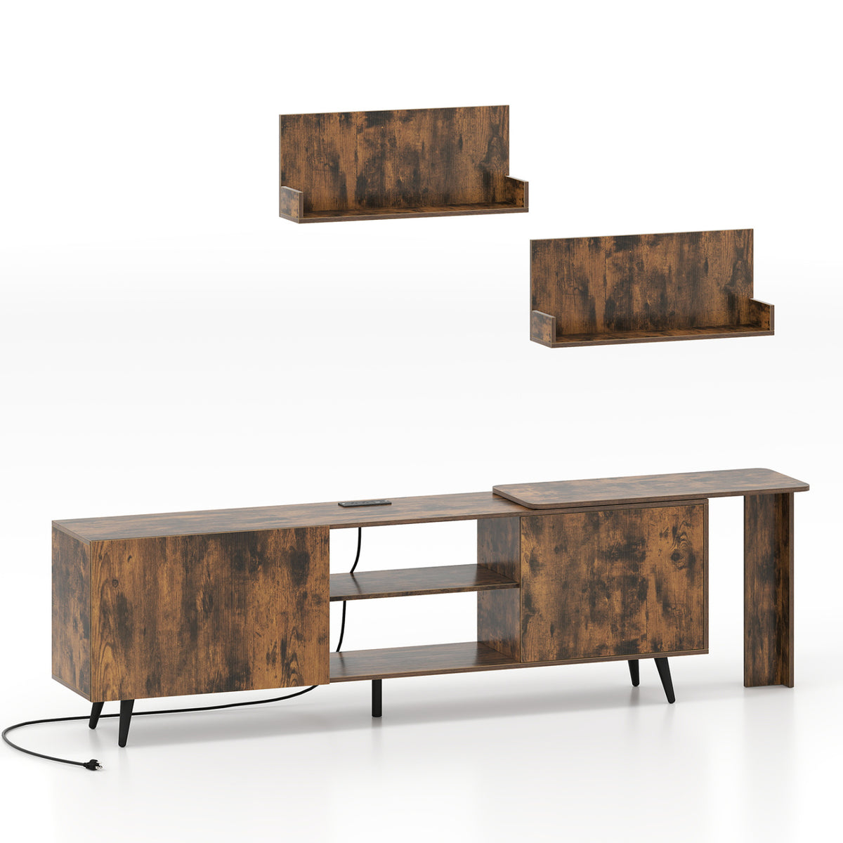 TV Stand for TVs up to 85 Inch with 2 Wall Shelves and Charging Station- Brown