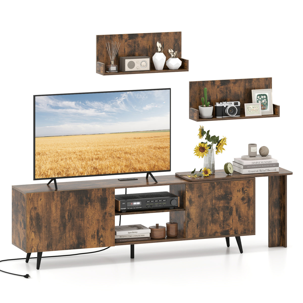 TV Stand for TVs up to 85 Inch with 2 Wall Shelves and Charging Station- Brown