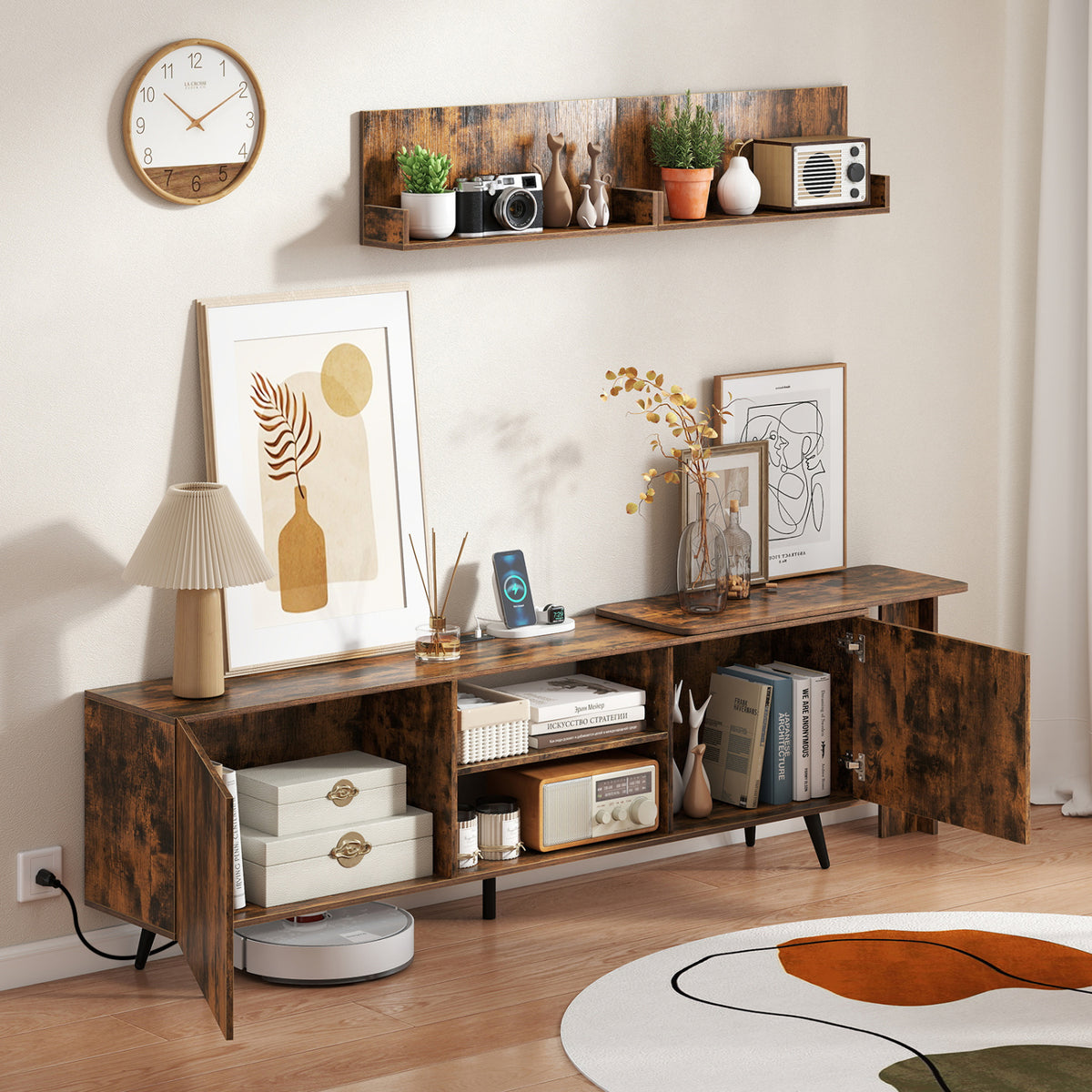 TV Stand for TVs up to 85 Inch with 2 Wall Shelves and Charging Station- Brown
