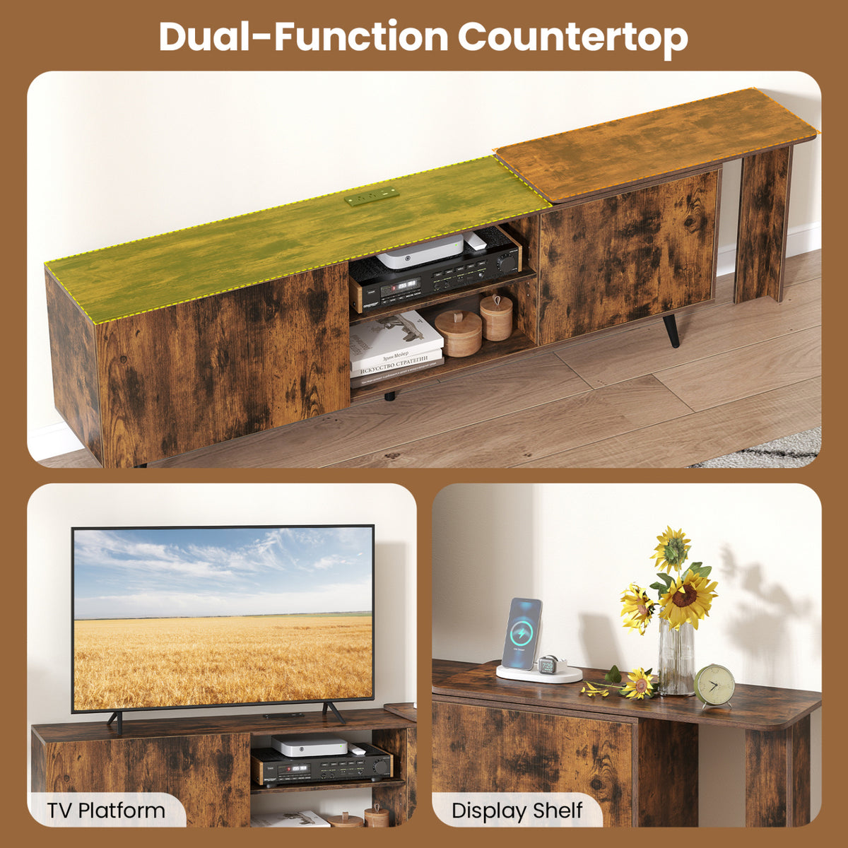 TV Stand for TVs up to 85 Inch with 2 Wall Shelves and Charging Station- Brown