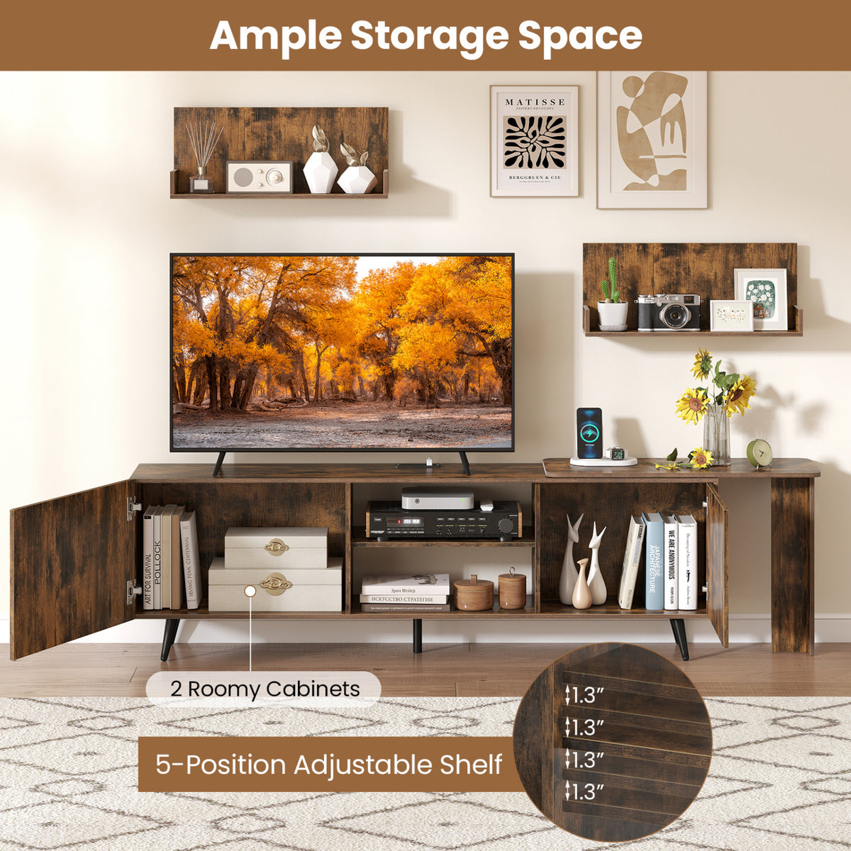 TV Stand for TVs up to 85 Inch with 2 Wall Shelves and Charging Station- Brown