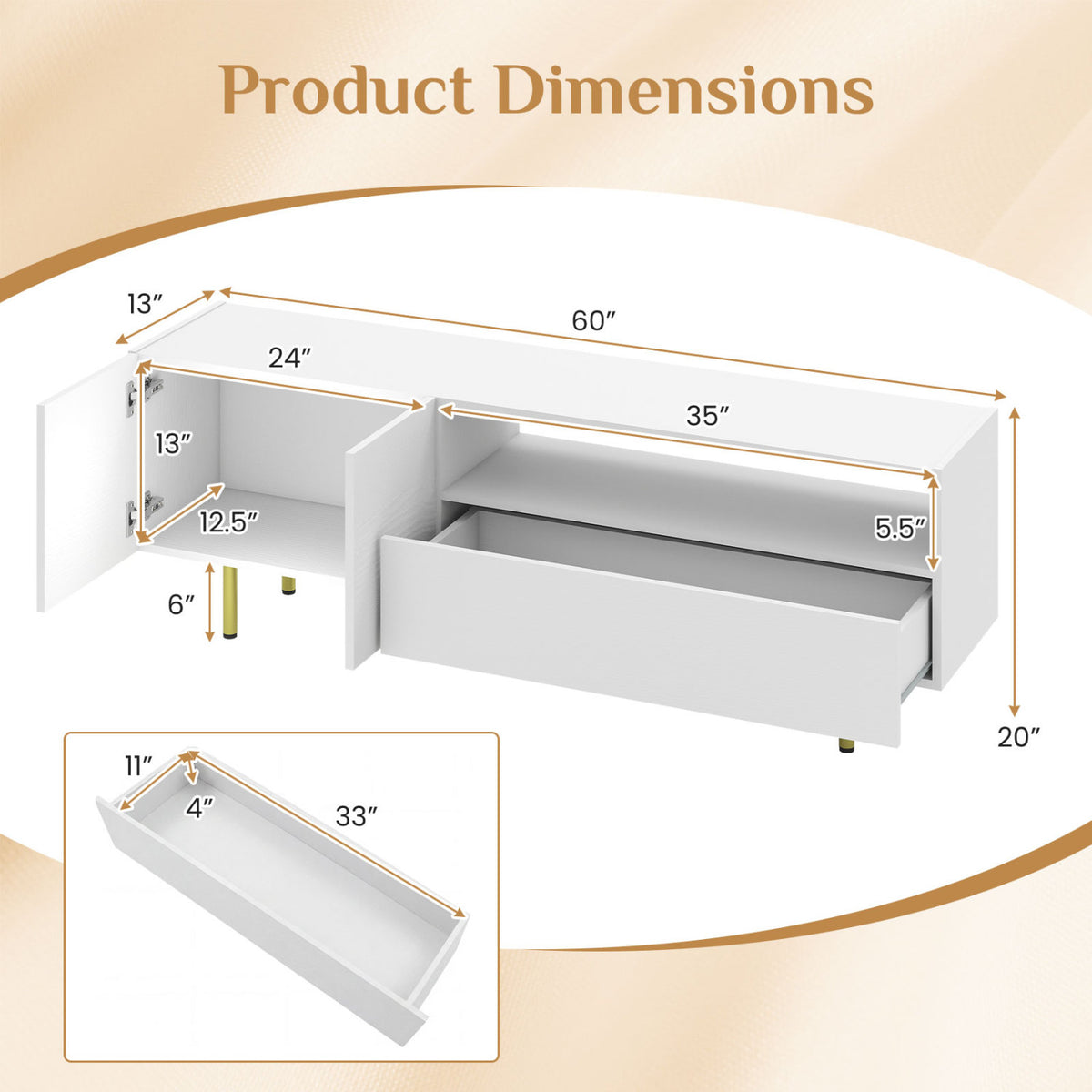 TV Stand for TVs up to 70" with Storage Cabinet and Raised Metal Legs