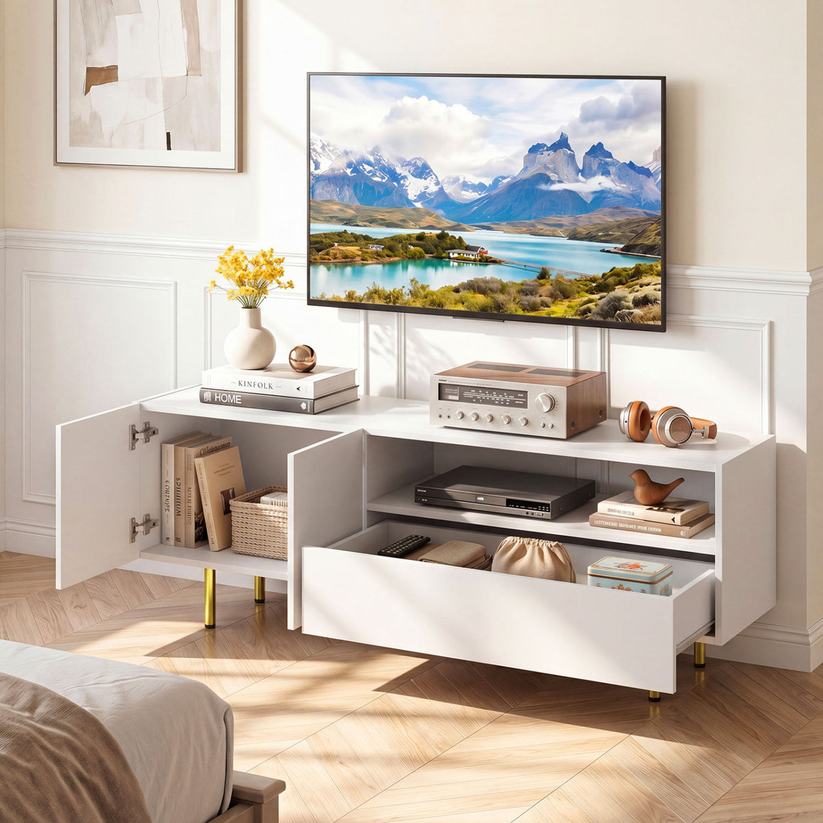 TV Stand for TVs up to 70" with Storage Cabinet and Raised Metal Legs