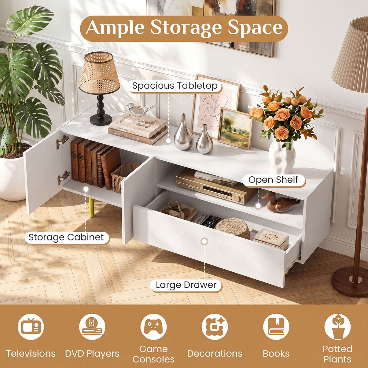 TV Stand for TVs up to 70" with Storage Cabinet and Raised Metal Legs