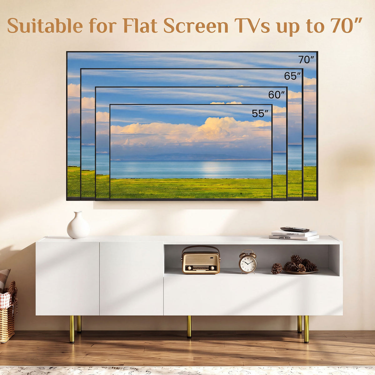 TV Stand for TVs up to 70" with Storage Cabinet and Raised Metal Legs