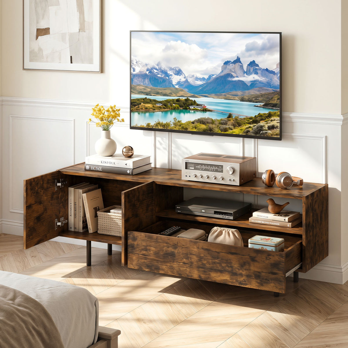 TV Stand for TVs up to 70" with Storage Cabinet and Raised Metal Legs