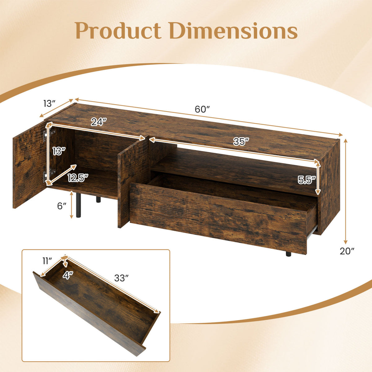TV Stand for TVs up to 70" with Storage Cabinet and Raised Metal Legs