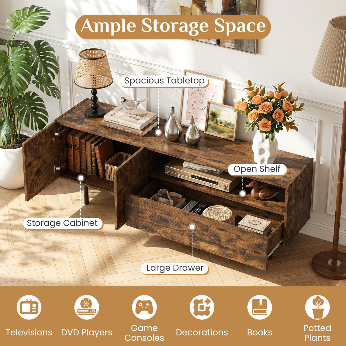 TV Stand for TVs up to 70" with Storage Cabinet and Raised Metal Legs