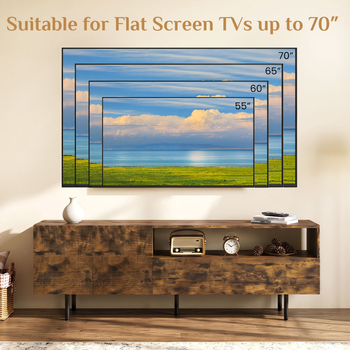 TV Stand for TVs up to 70" with Storage Cabinet and Raised Metal Legs