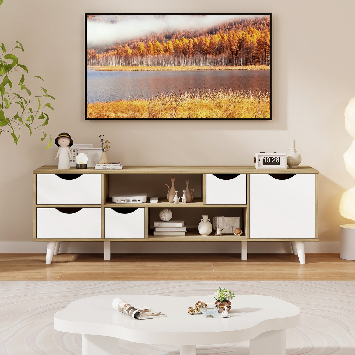 TV Stand for TVs up to 55" Television Cabinet w/ 4 Drawers & 2 Open Shelves-Oak