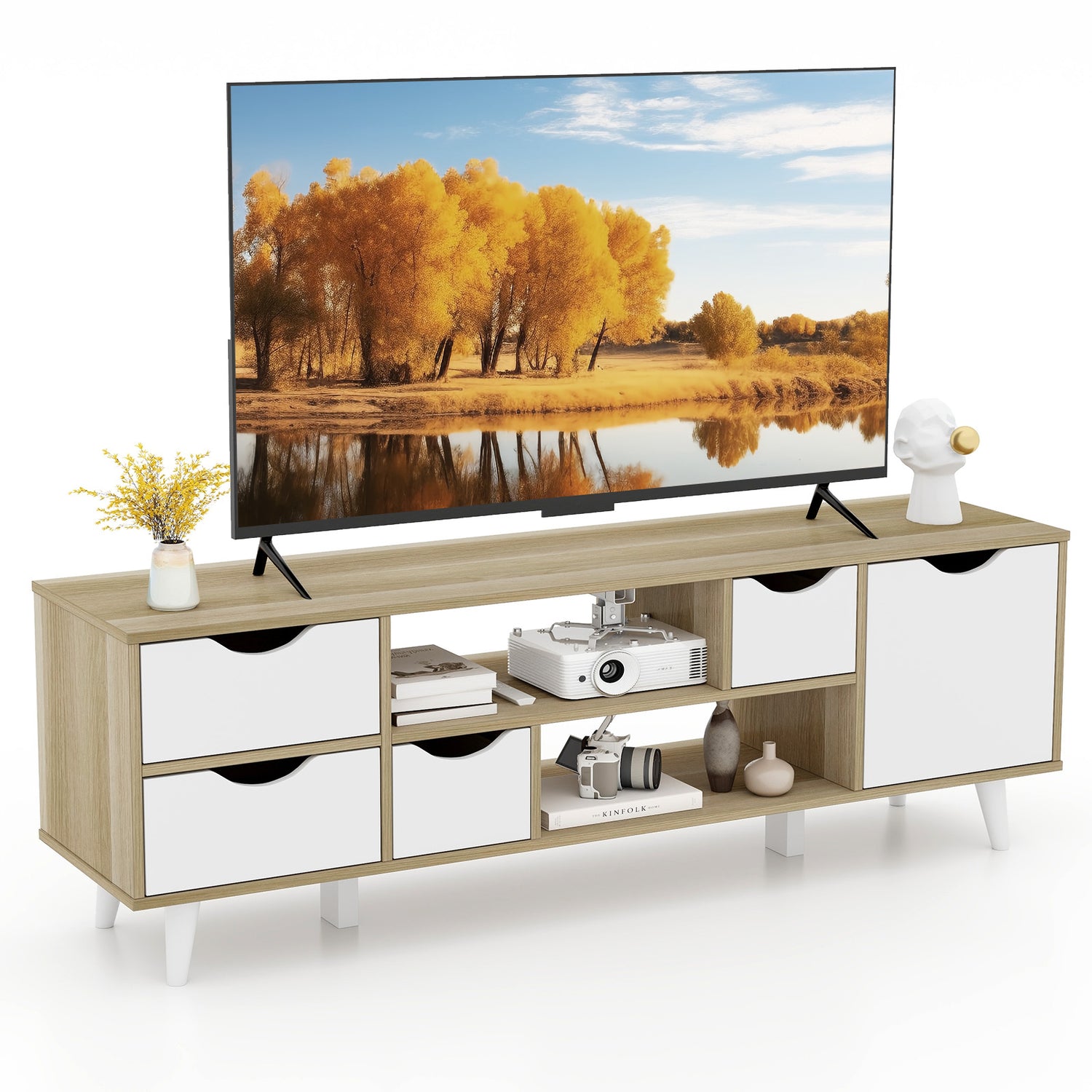 TV Stand for TVs up to 55" Television Cabinet w/ 4 Drawers & 2 Open Shelves-Oak