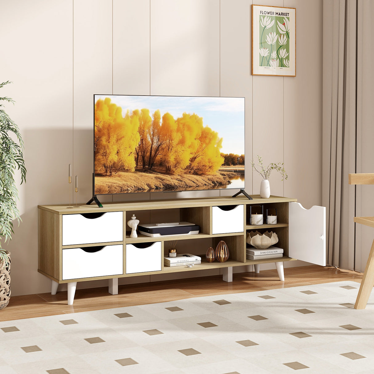 TV Stand for TVs up to 55" Television Cabinet w/ 4 Drawers & 2 Open Shelves-Oak