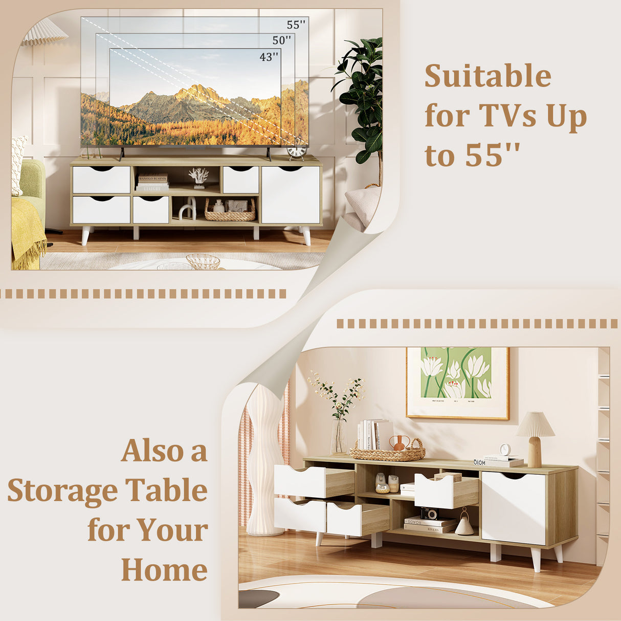 TV Stand for TVs up to 55" Television Cabinet w/ 4 Drawers & 2 Open Shelves-Oak