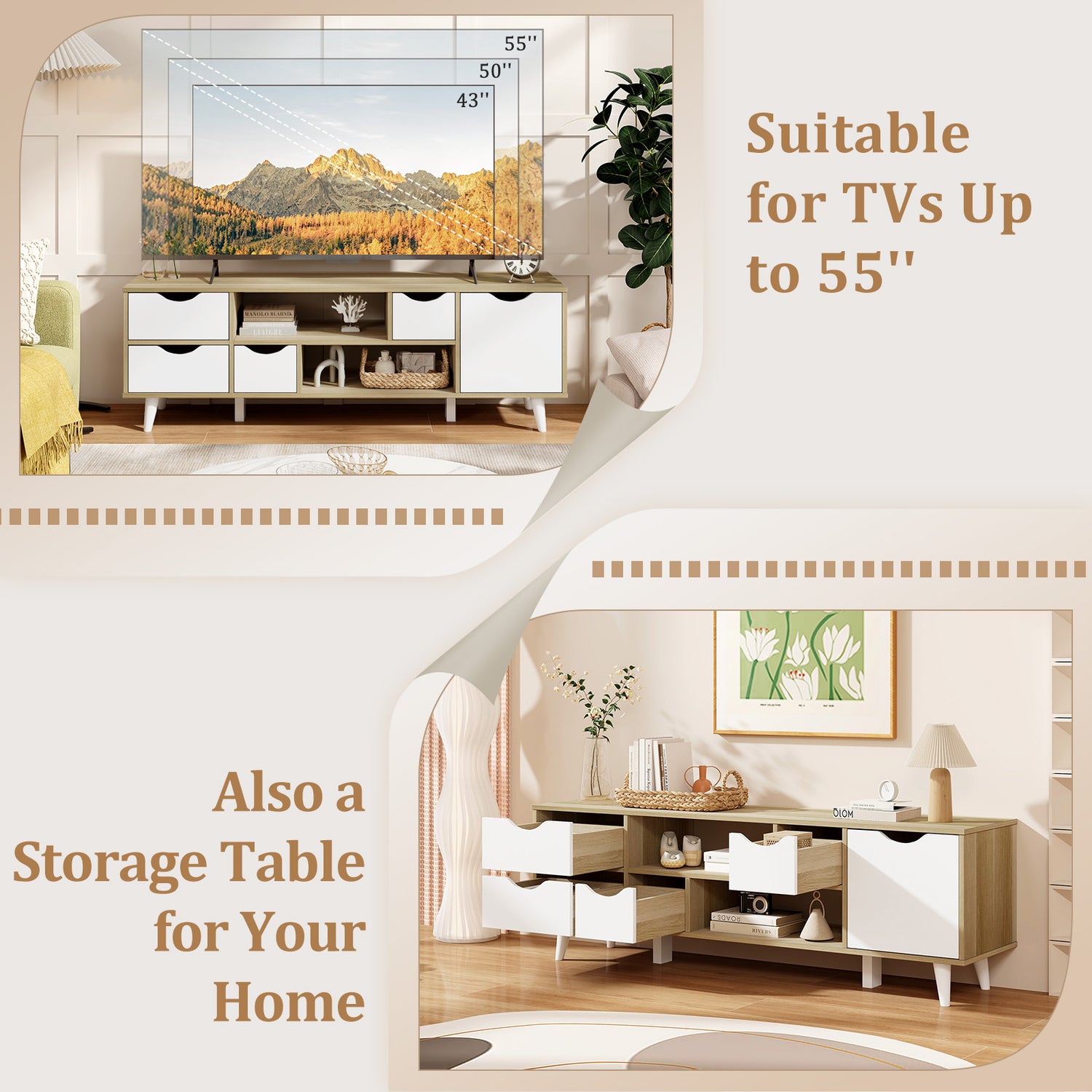 TV Stand for TVs up to 55" Television Cabinet w/ 4 Drawers & 2 Open Shelves-Oak