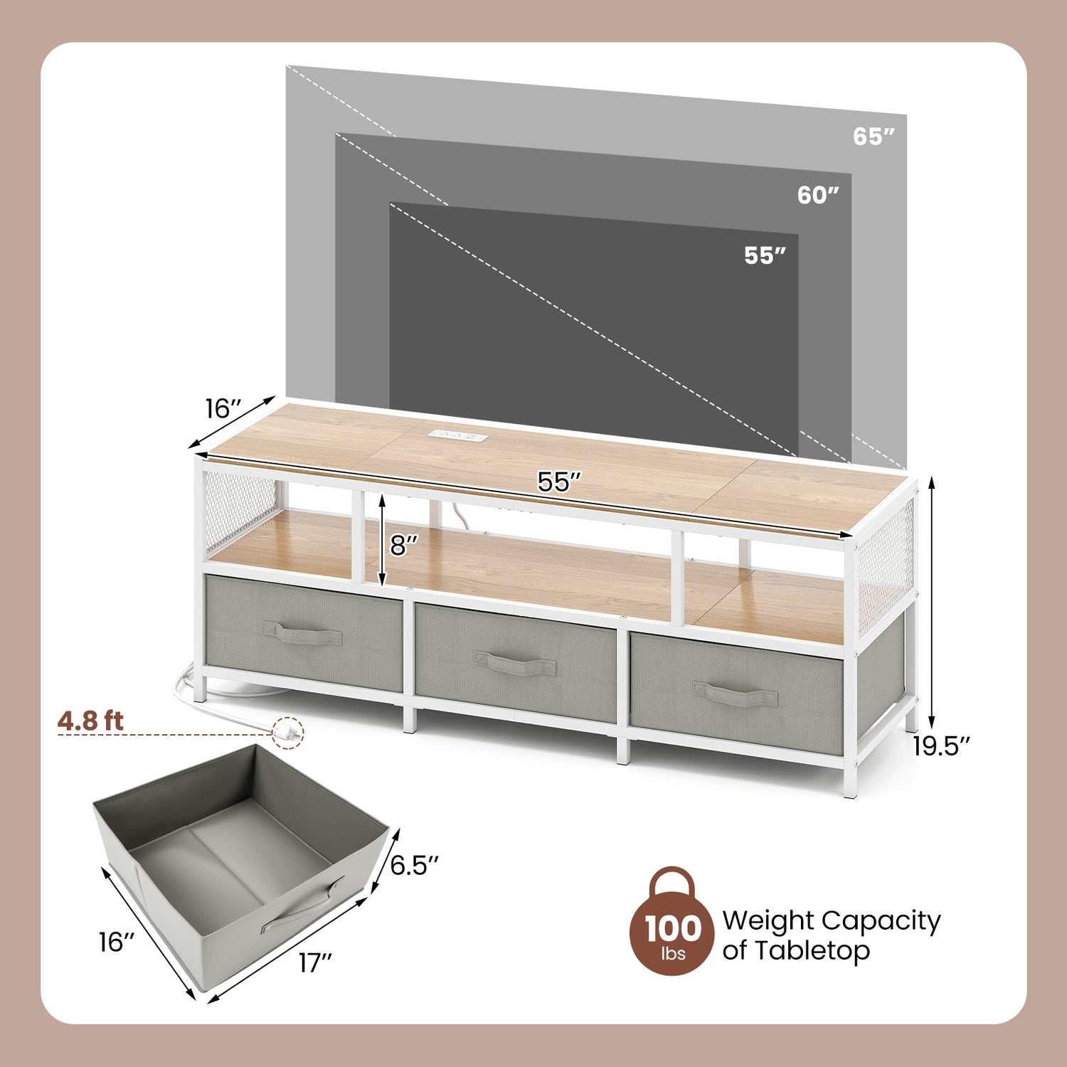 TV Stand for TVs up to 65 Inches with Power Outlets USB Charging