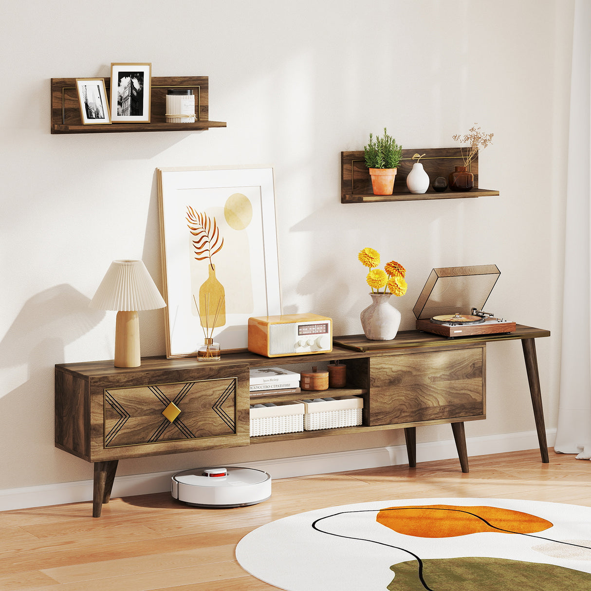 Mid-century Modern TV Stand for TVs up to 85 Inch with Open Compartments-Walnut