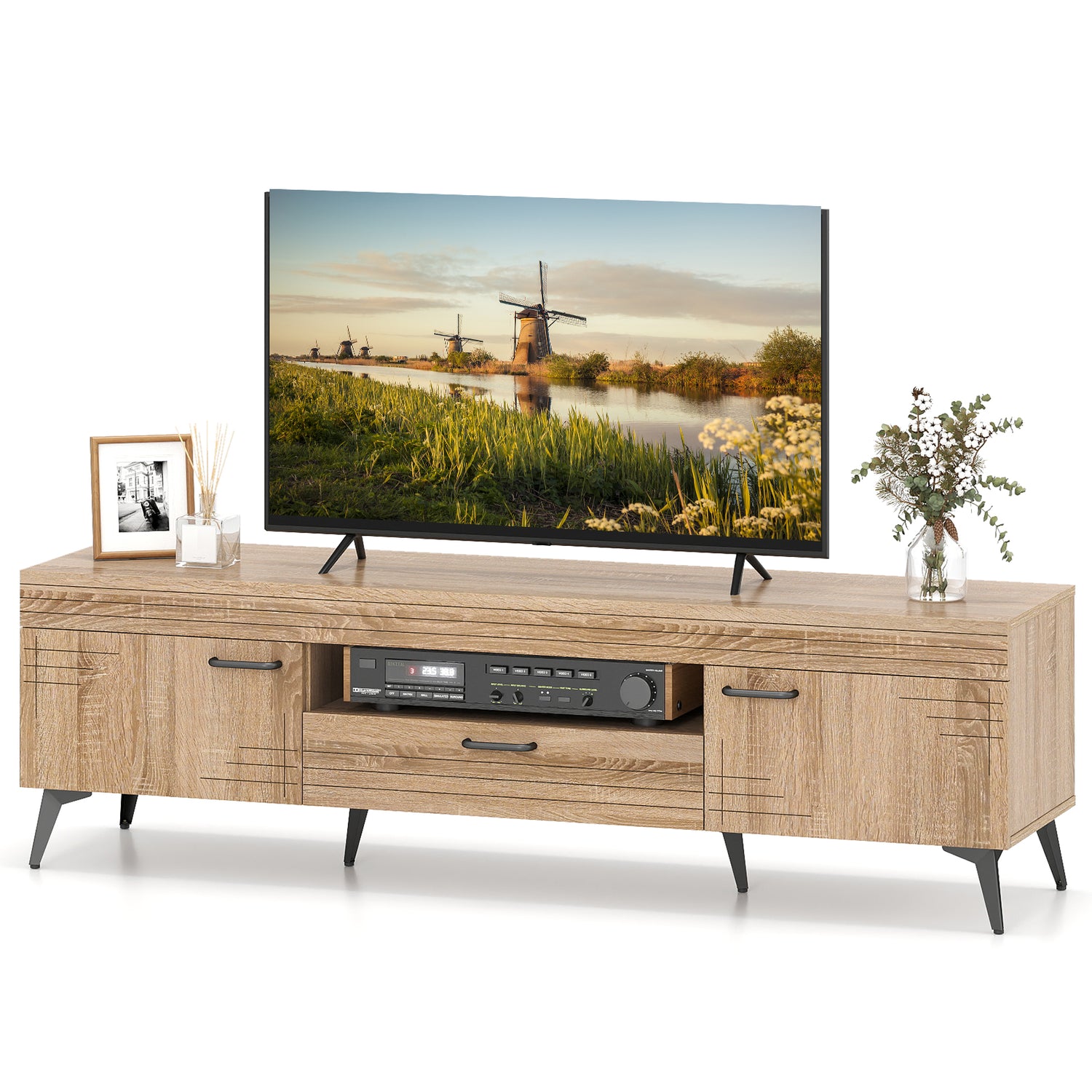 TV Stand with 2 Cabinets and Storage Drawer for 65 Inches TVs-Oak