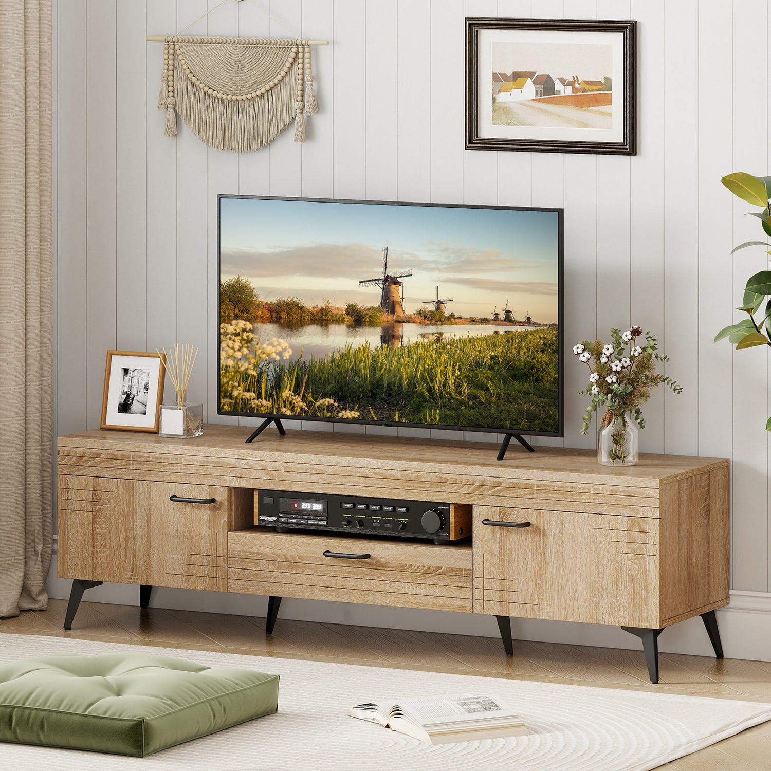 TV Stand with 2 Cabinets and Storage Drawer for 65 Inches TVs-Oak