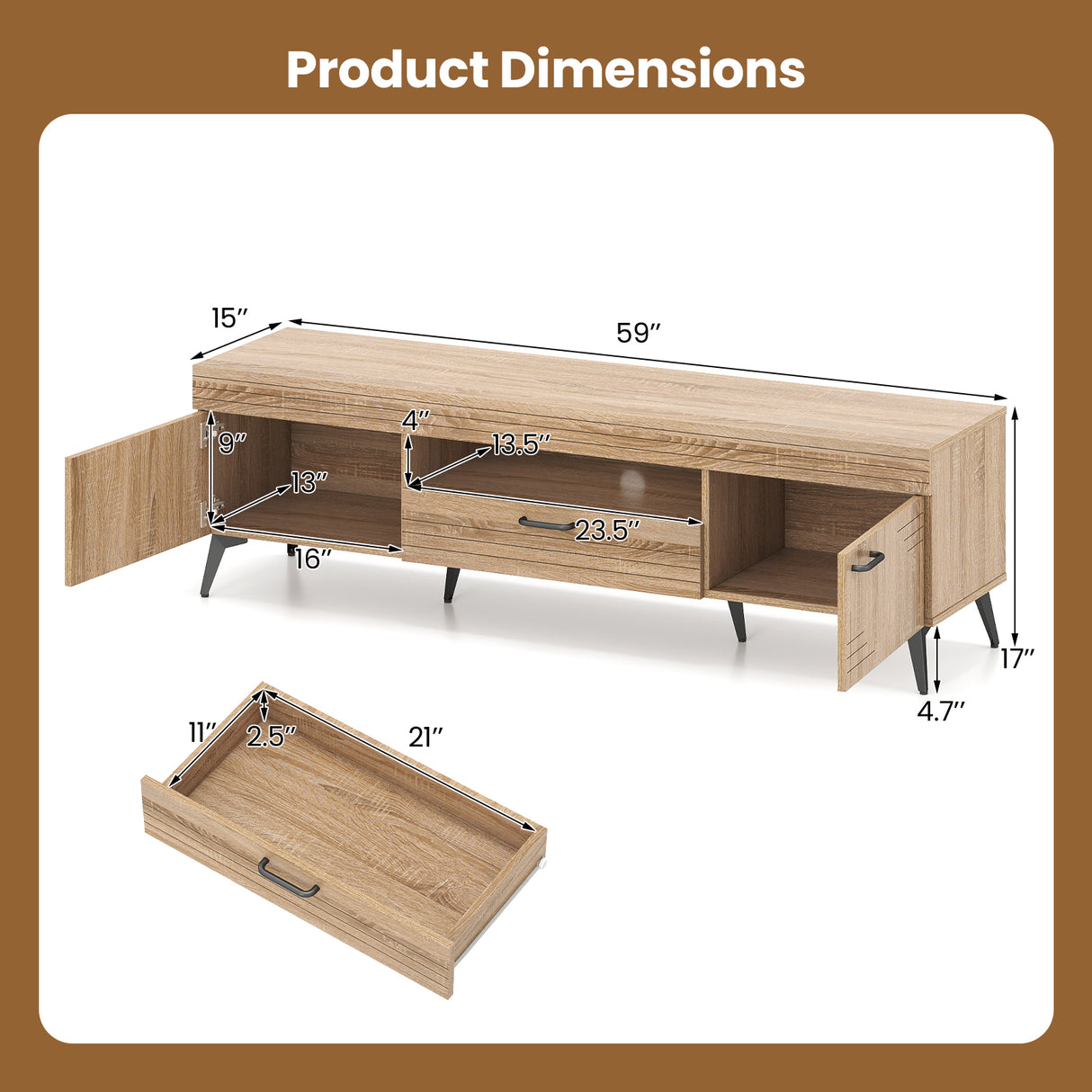 TV Stand with 2 Cabinets and Storage Drawer for 65 Inches TVs-Oak
