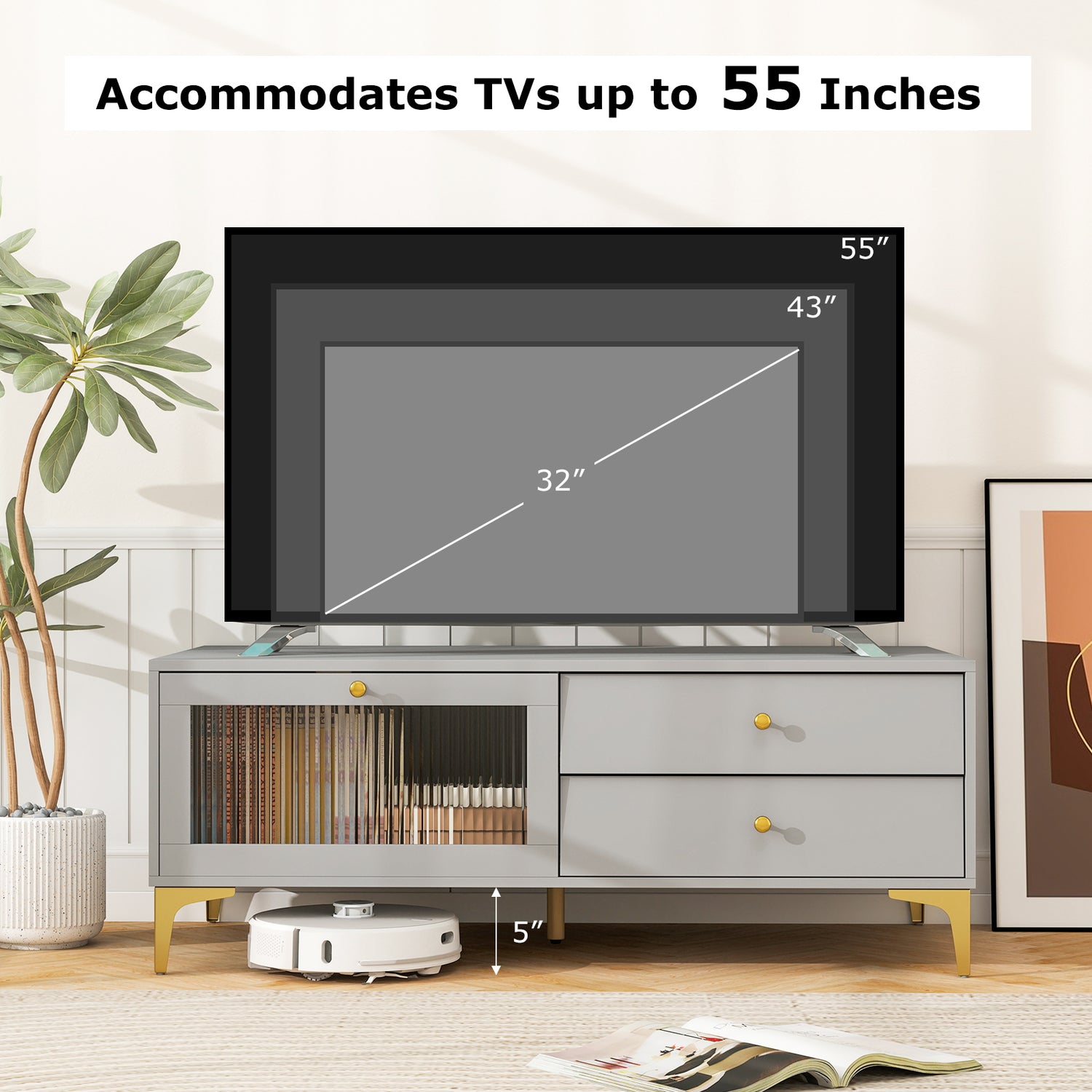 TV Stand with Compartment and Drawers for 55 Inch TV-Gray
