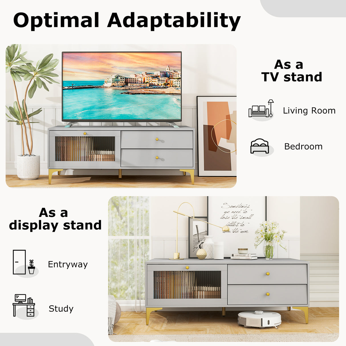 TV Stand with Compartment and Drawers for 55 Inch TV-Gray