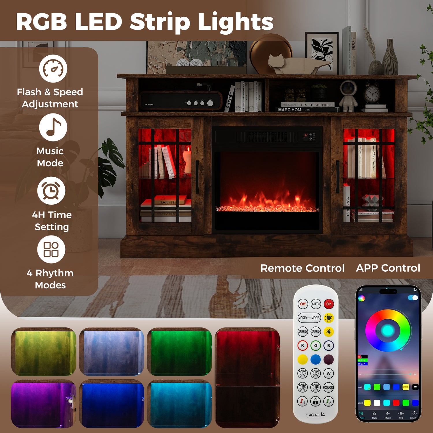 TV Stand with Electric Fireplace LED Lights and Remote Controls for TVs Up to 40 Inch