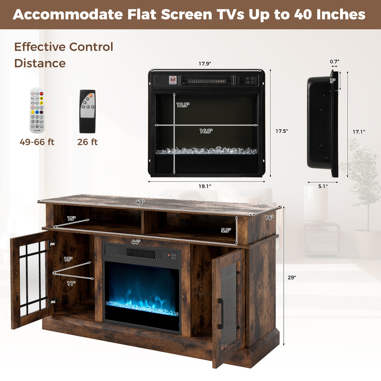TV Stand with Electric Fireplace LED Lights and Remote Controls for TVs Up to 40 Inch