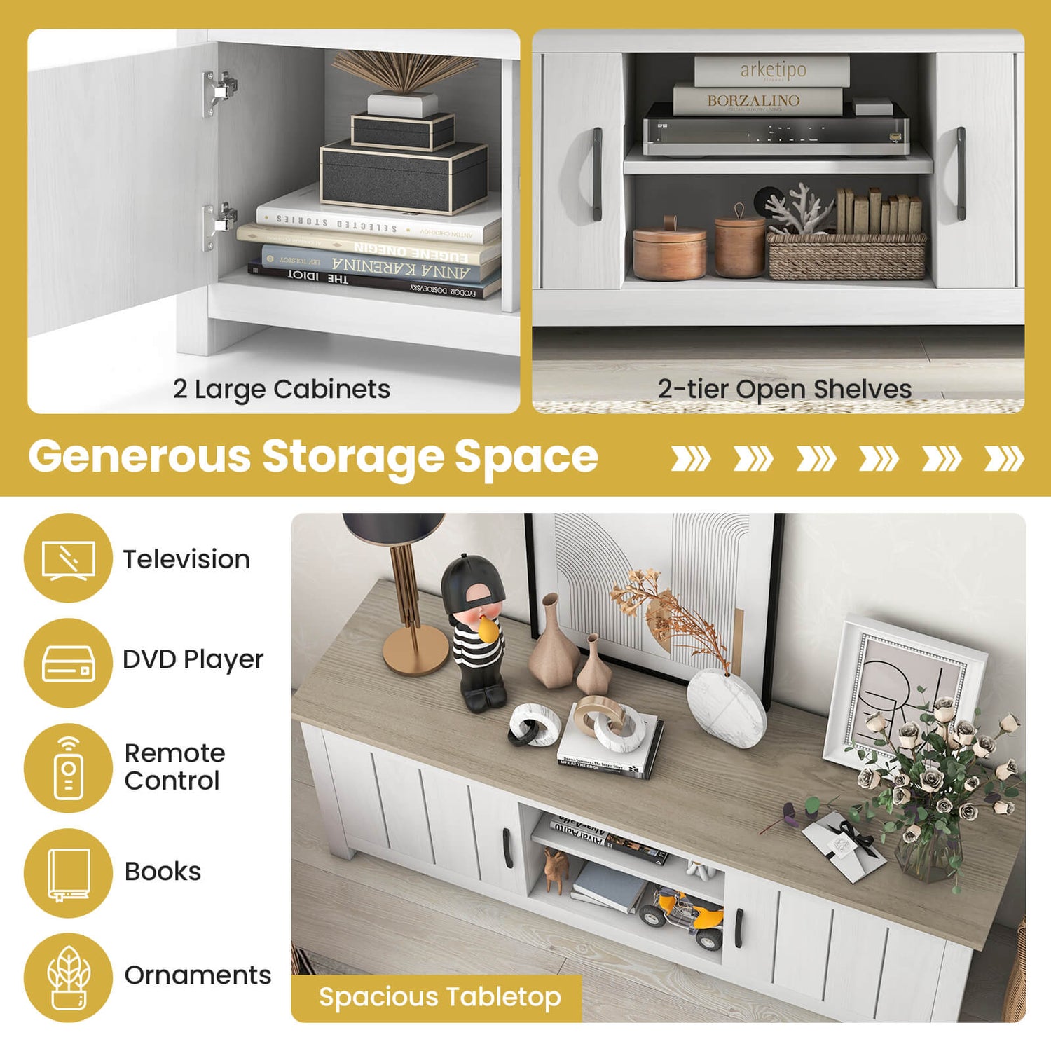 TV Stand with 2 Cabinets and Open Shelves for TVs up to 65 Inch