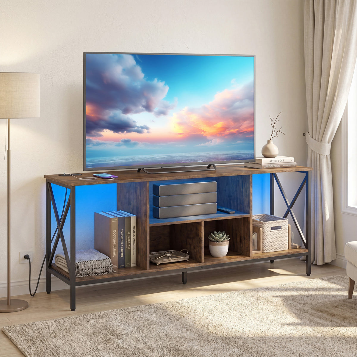 TV Stand with LED Lights for 65 Inch TV Entertainment Center with Power Outlets