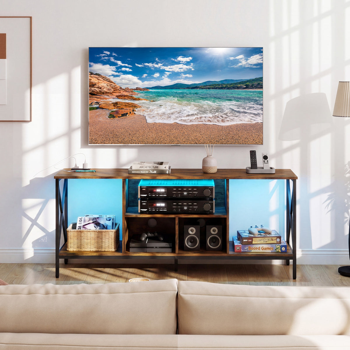 TV Stand with LED Lights for 65 Inch TV Entertainment Center with Power Outlets