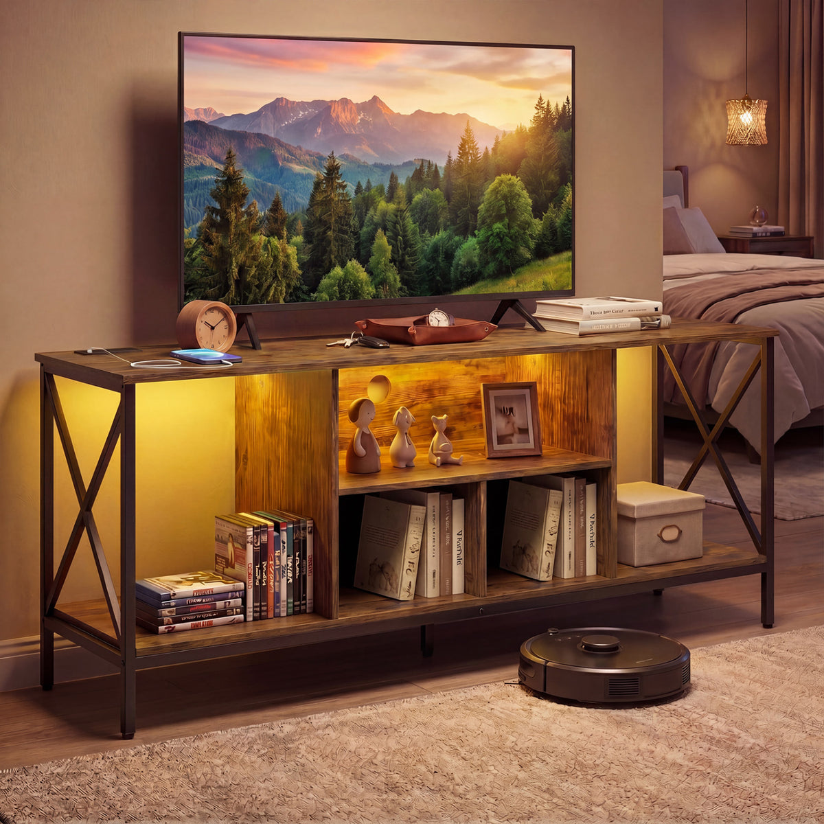 TV Stand with LED Lights for 65 Inch TV Entertainment Center with Power Outlets