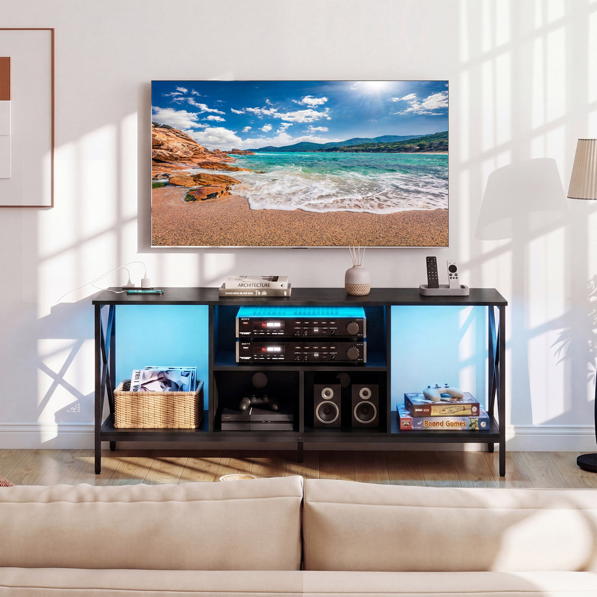 TV Stand with LED Lights for 65 Inch TV Entertainment Center with Power Outlets