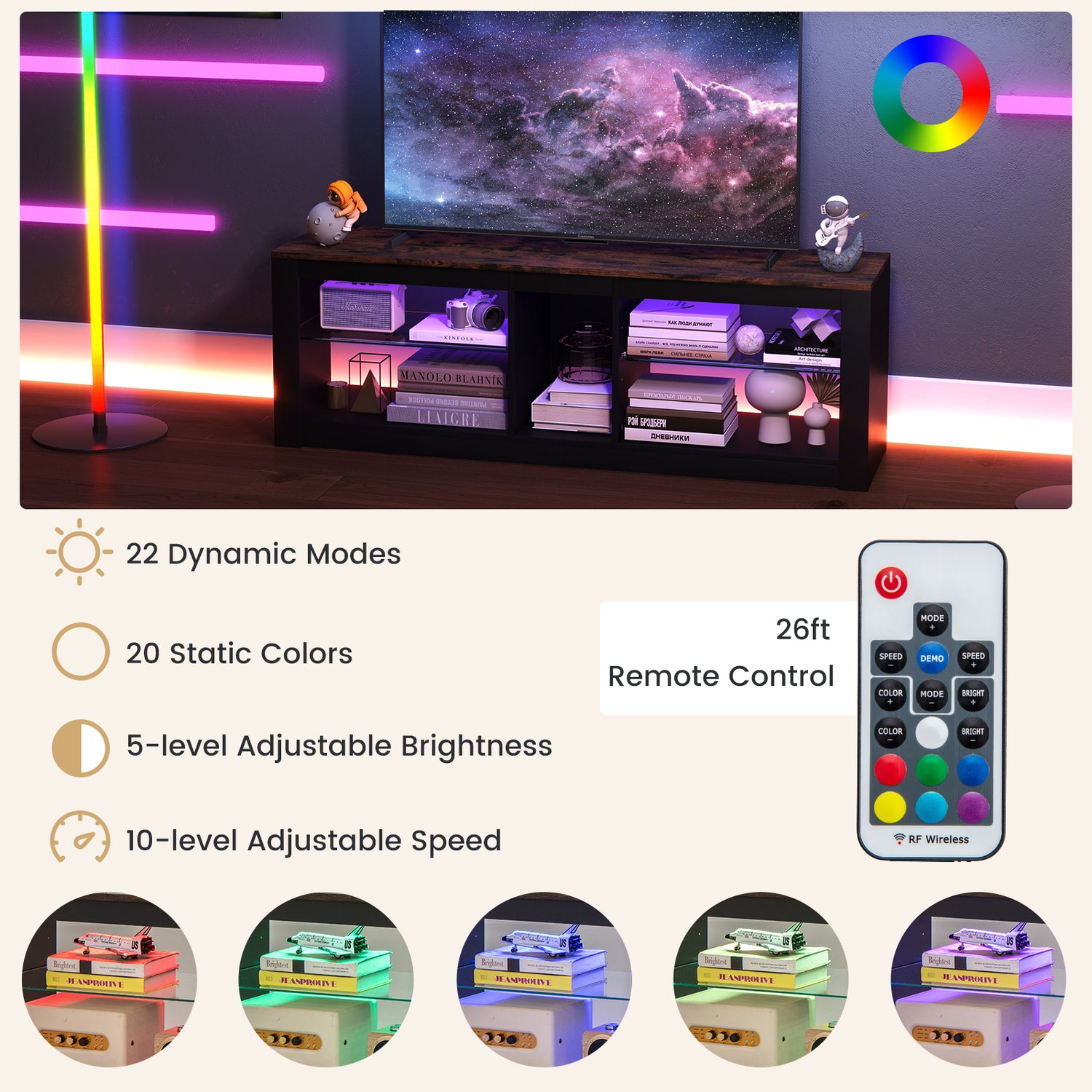 Modern TV Stand with LED Light and Adjustable Shelves for TVs up to 65 inch-Brown