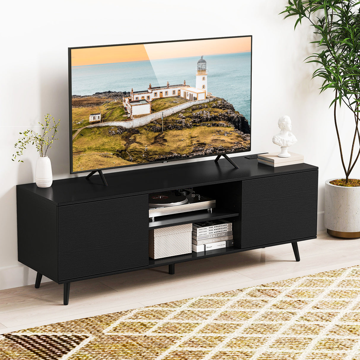 TV Stand with Power Outlets and Adjustable Shelf for 60 Inch TVs