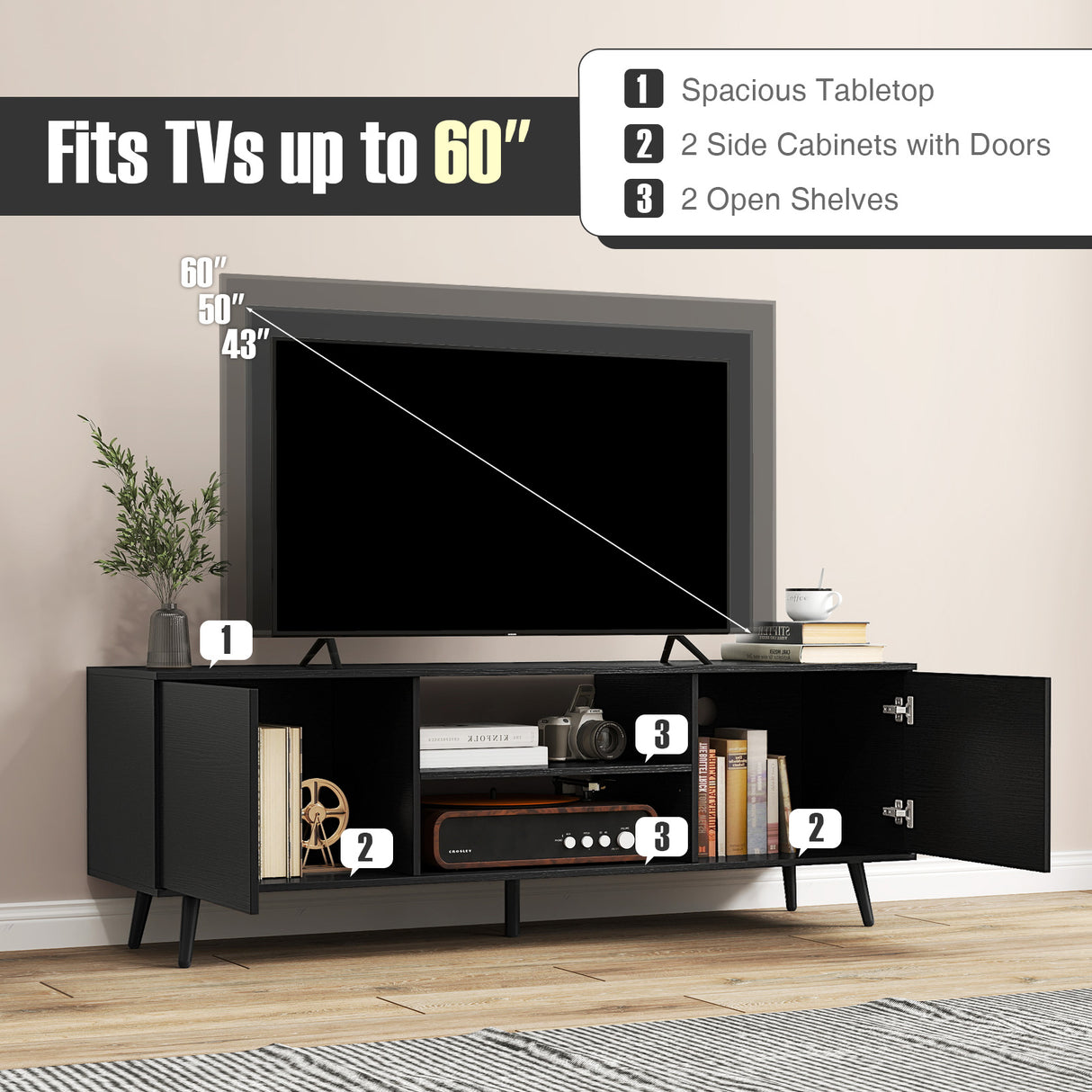 TV Stand with Power Outlets and Adjustable Shelf for 60 Inch TVs