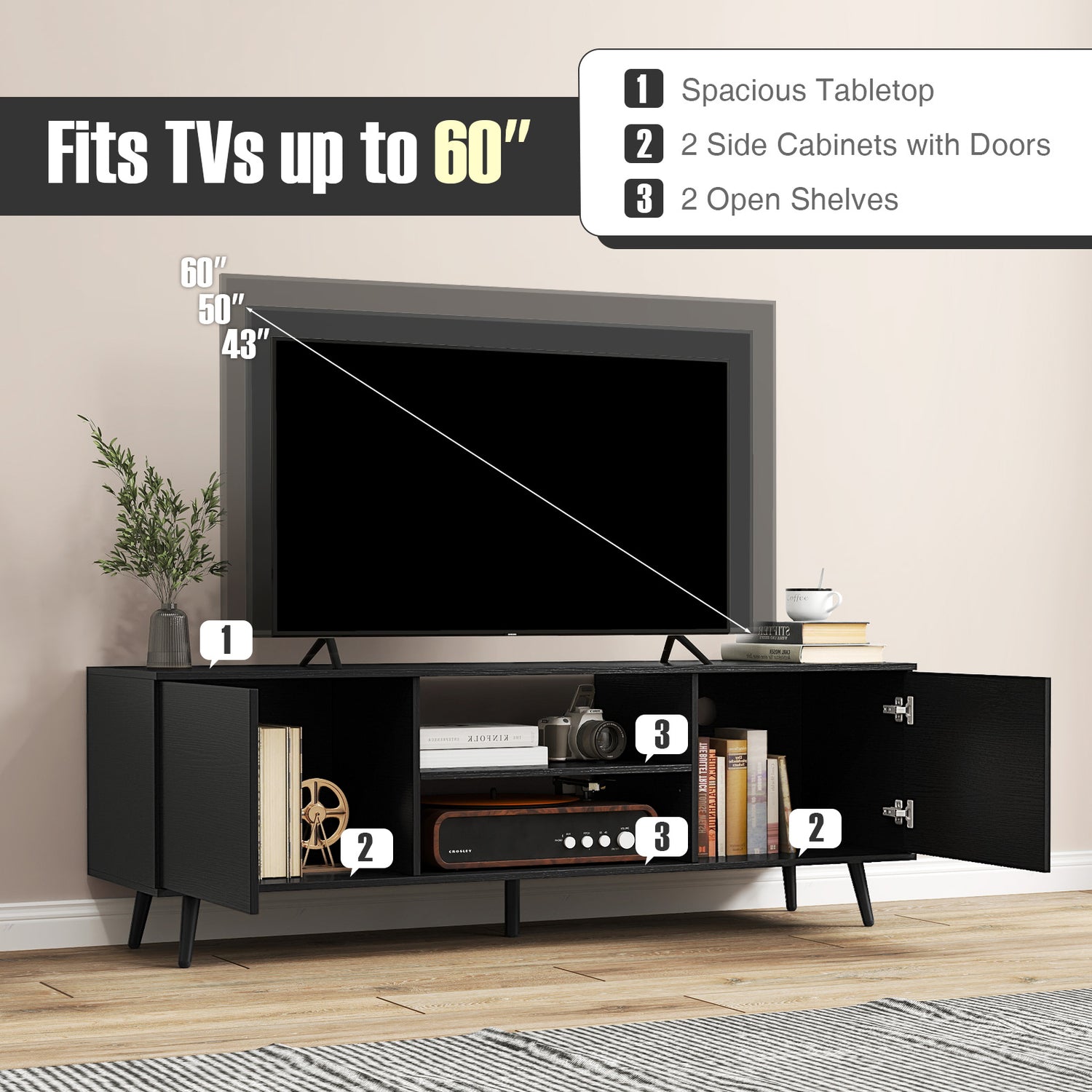 TV Stand with Power Outlets and Adjustable Shelf for 60 Inch TVs
