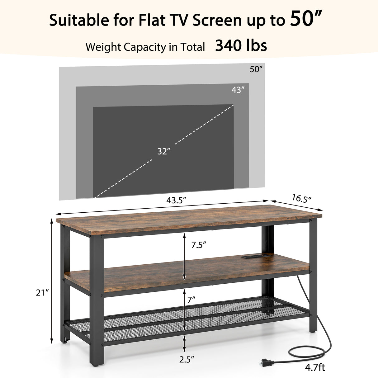 Industrial TV Stand up to 50 Inches with Power Outlets and USB Ports-Rustic Brown