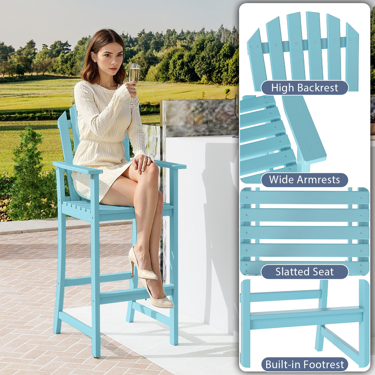 Tall Adirondack Chair with Armrests and Footrest for Deck