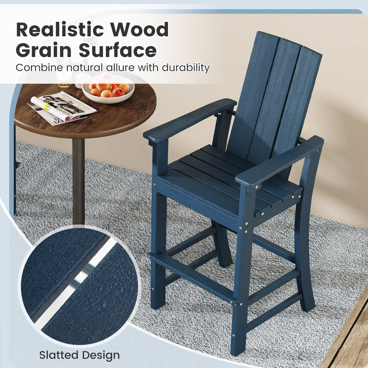 Tall Adirondack Chair Outdoor Bar Stool with Ergonomic Backrest for Backyard