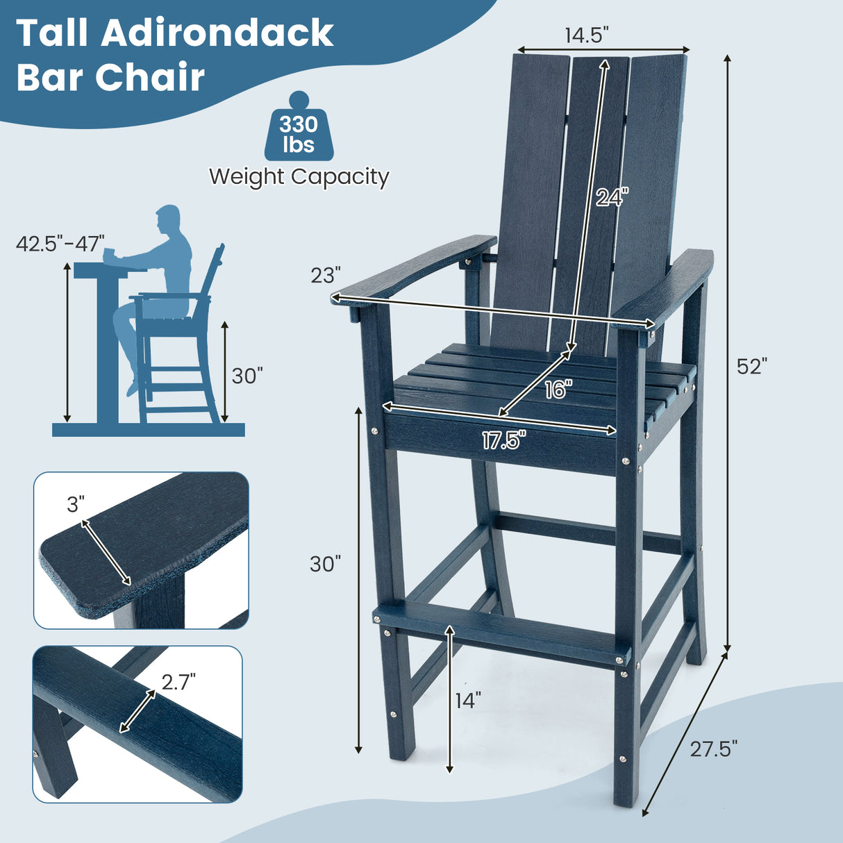 Tall Adirondack Chair Outdoor Bar Stool with Ergonomic Backrest for Backyard