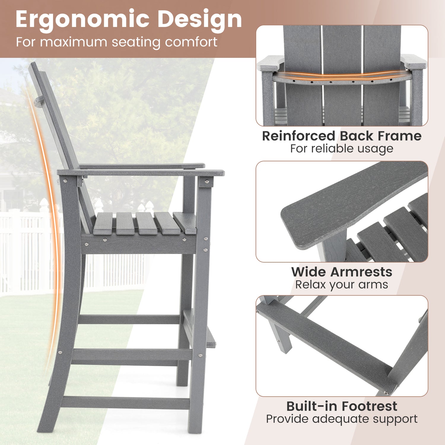 Tall Adirondack Chair Outdoor Bar Stool with Ergonomic Backrest for Backyard