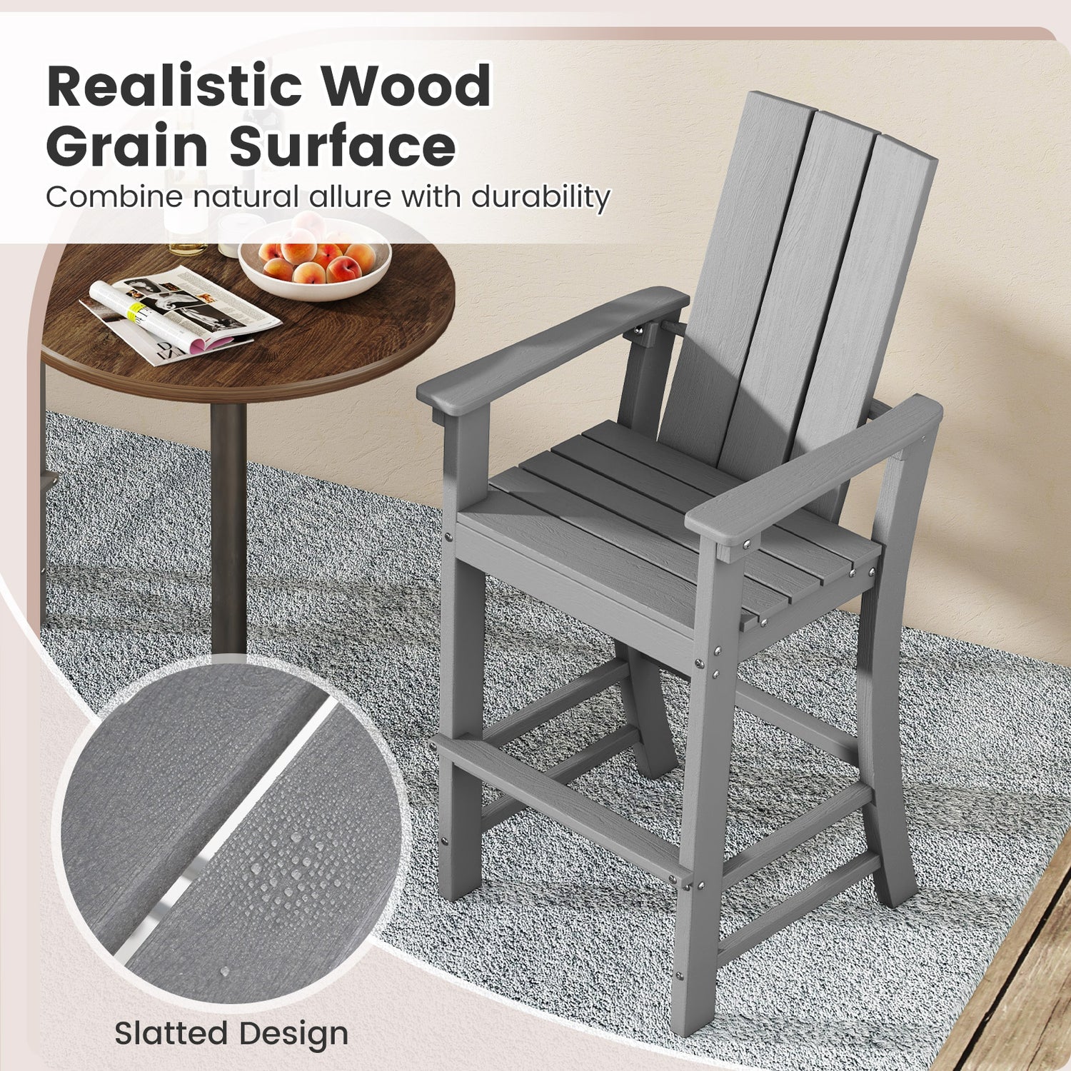 Tall Adirondack Chair Outdoor Bar Stool with Ergonomic Backrest for Backyard