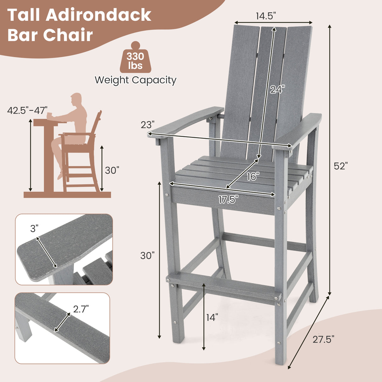 Tall Adirondack Chair Outdoor Bar Stool with Ergonomic Backrest for Backyard