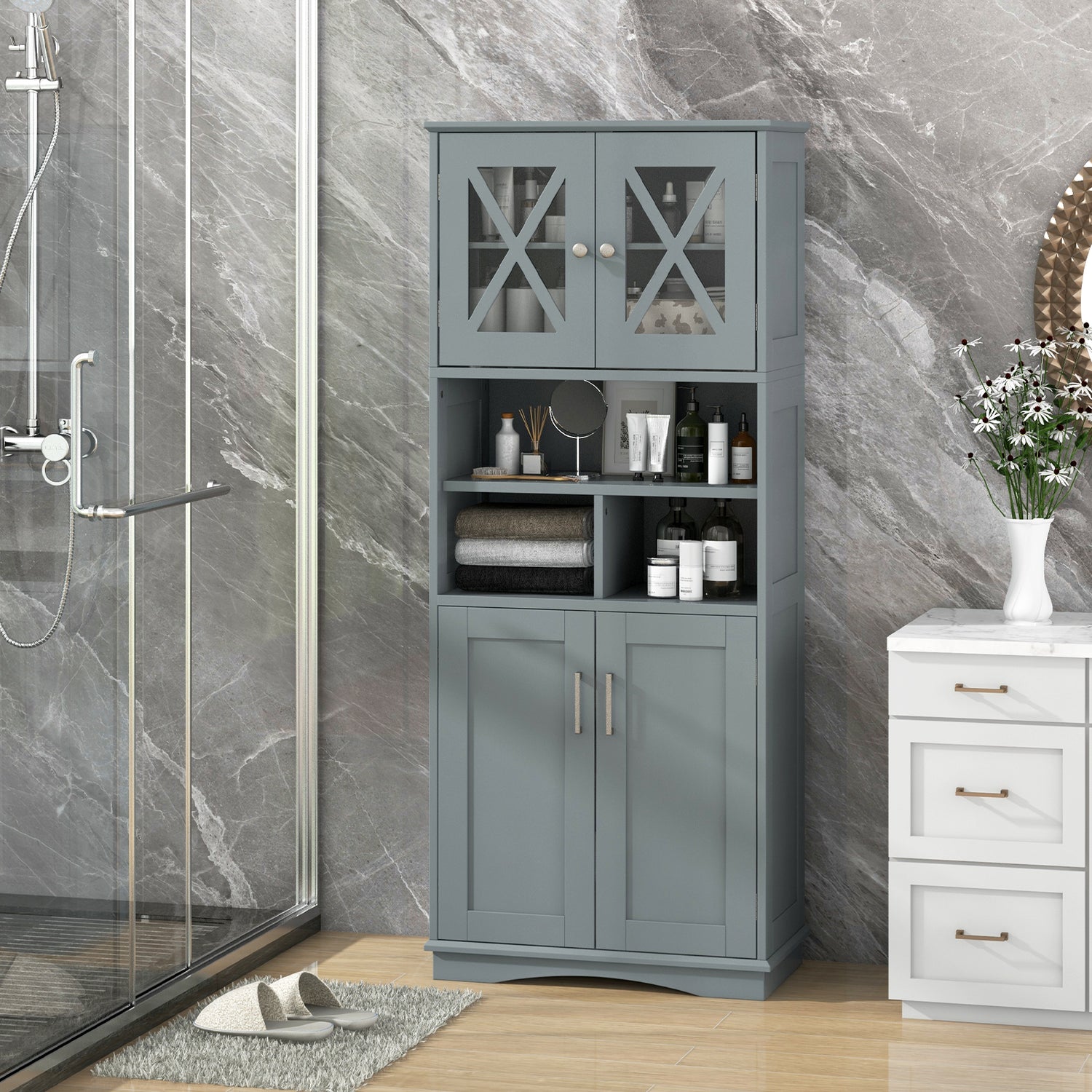 Tall Bathroom Cabinet Large Floor Storage Cabinet with Acrylic Doors and 3 Cubes